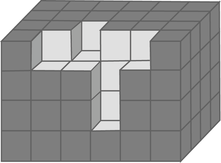 Großer Würfel aus kleinen grauen Würfeln mit T‑förmigem Hohlraum und hellen Innenflächen sichtbar