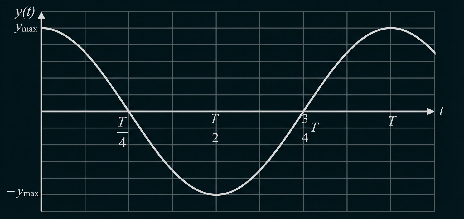 Graph einer Sinuskurve y(t) mit Amplitude ±y_max, Periode T und Markierungen bei T/4, T/2 und 3T/4