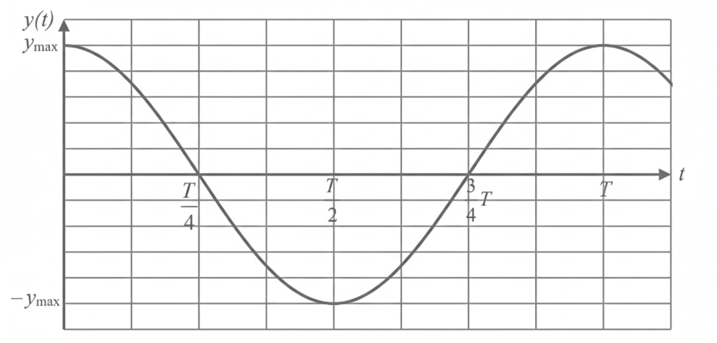 Graph einer Sinuskurve y(t) mit Amplitude ±y_max, Periode T und Markierungen bei T/4, T/2 und 3T/4