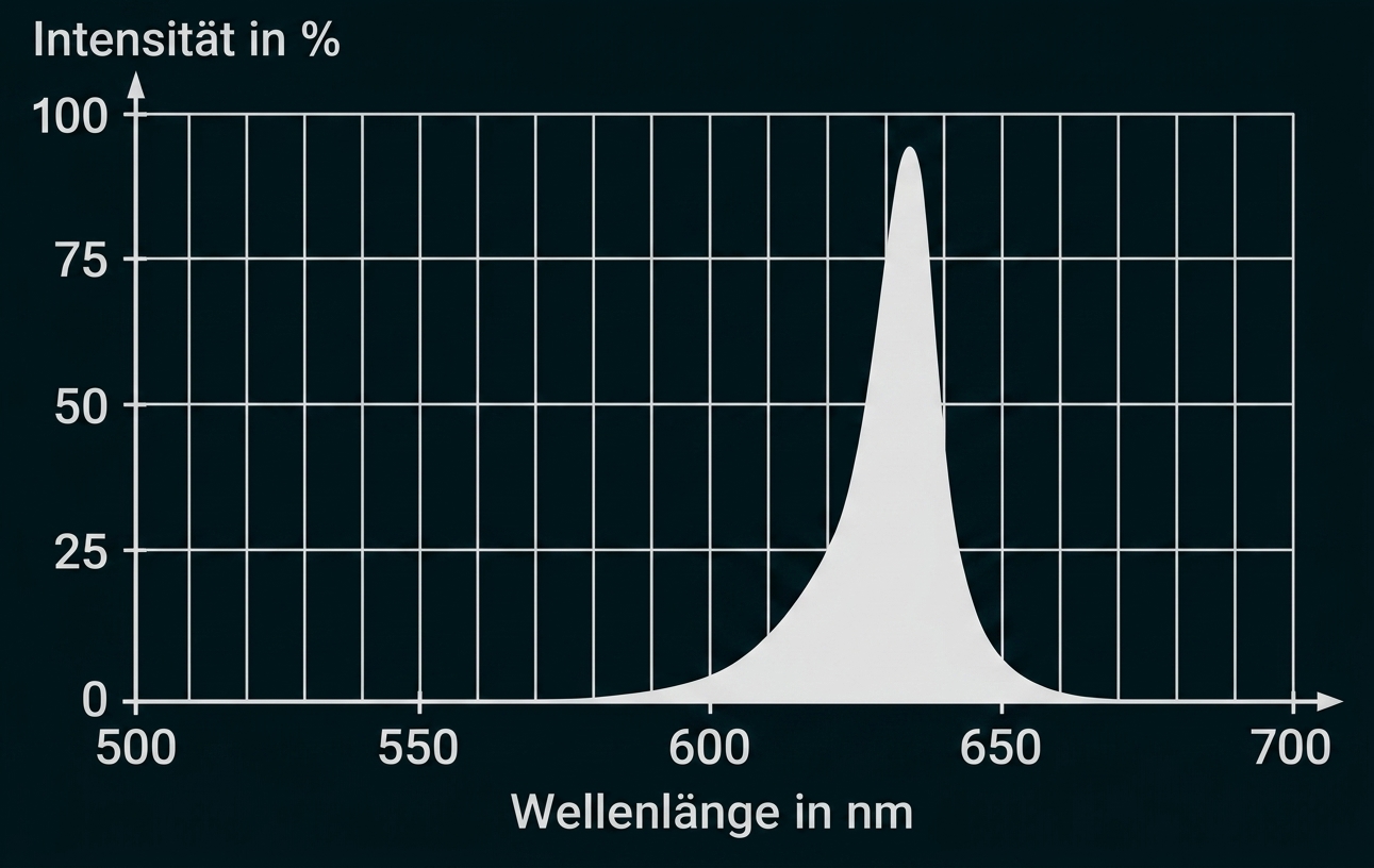 Diagramm: Intensität (%) gegen Wellenlänge (nm), schmaler Peak bei etwa 640 nm