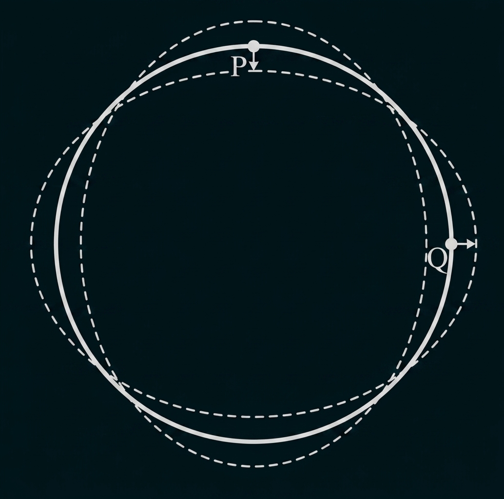 Kreisähnliche Kurve mit gestrichelten Versatzlinien, Punkt P oben und Punkt Q rechts