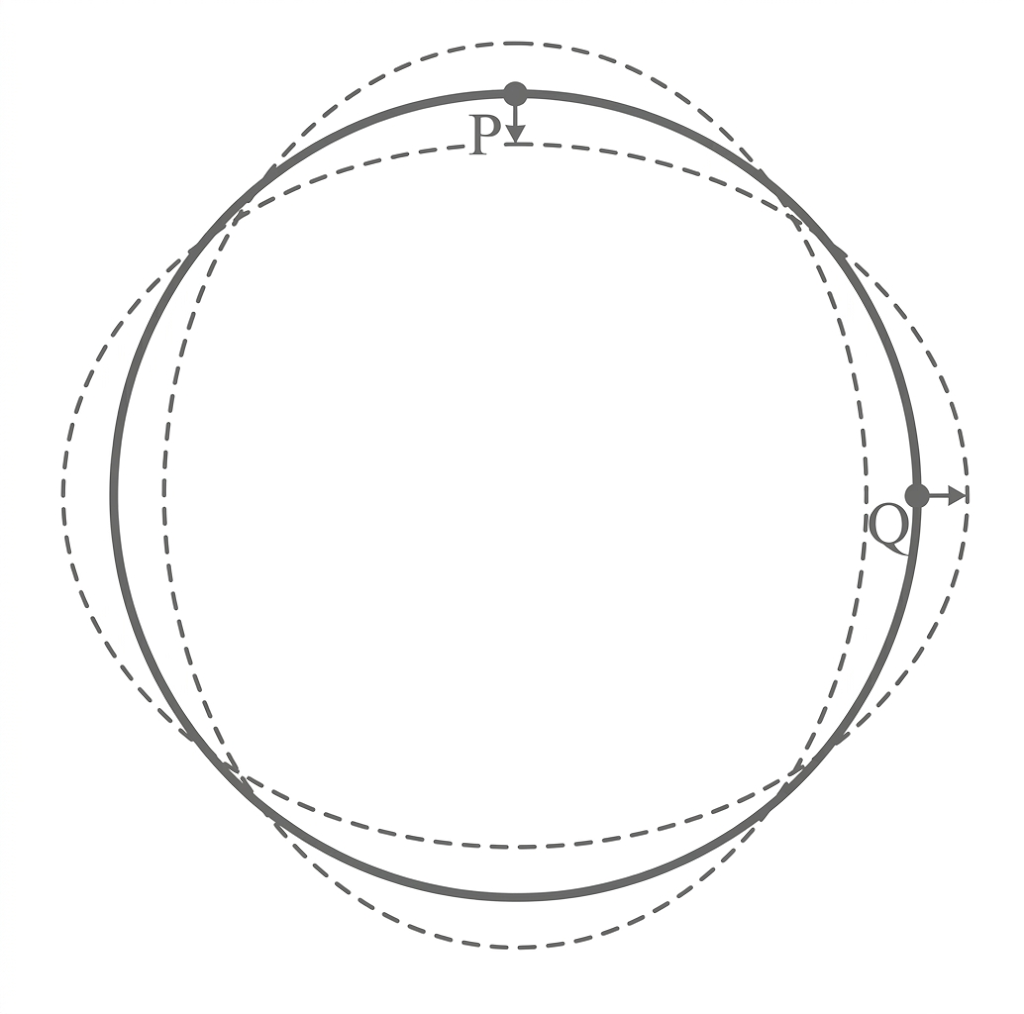 Kreisähnliche Kurve mit gestrichelten Versatzlinien, Punkt P oben und Punkt Q rechts