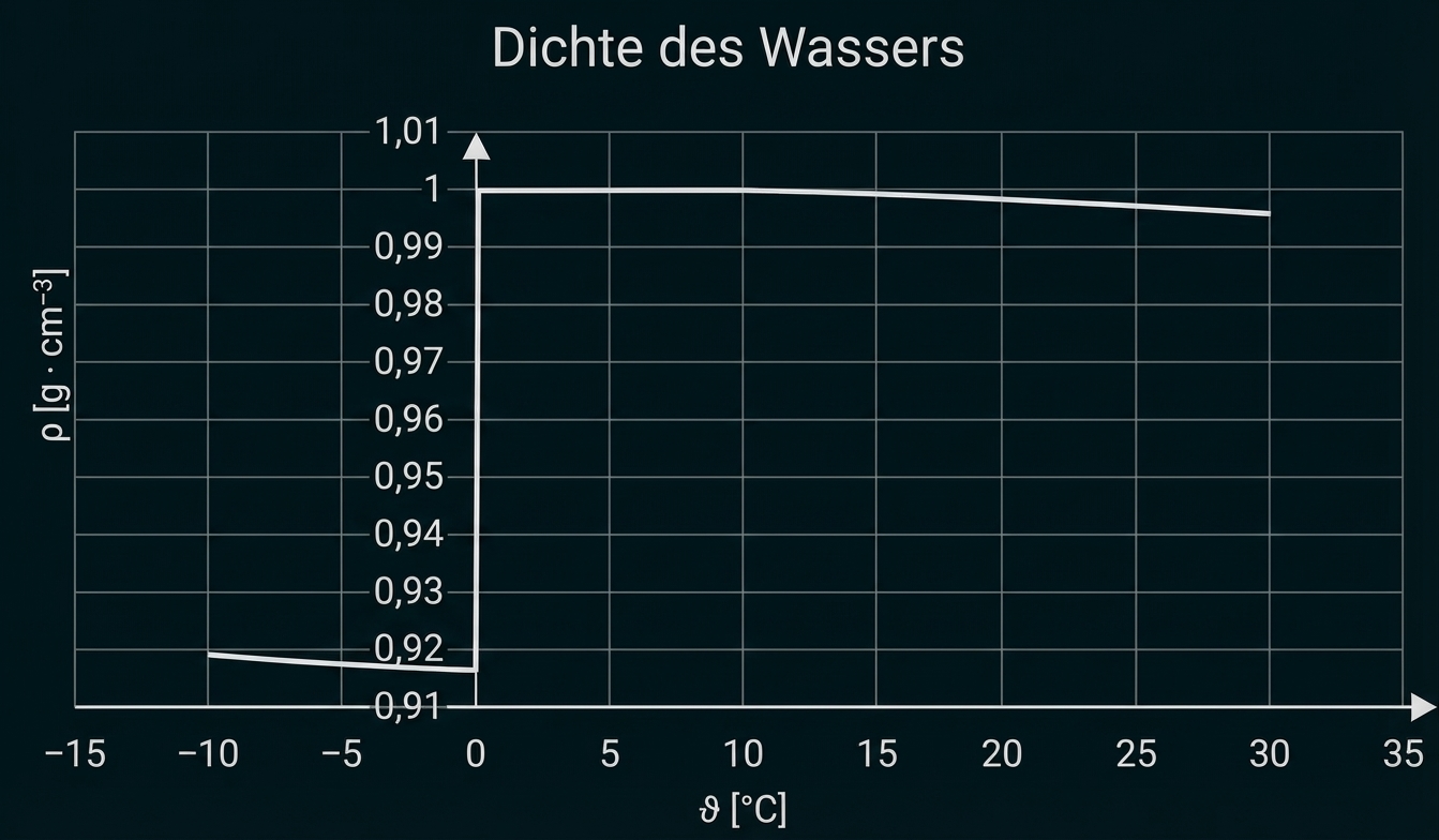 Diagramm: Dichte des Wassers nach Temperatur, ~0,92 bei -10°C (fest) und knapp 1,00 zwischen 0–35°C.