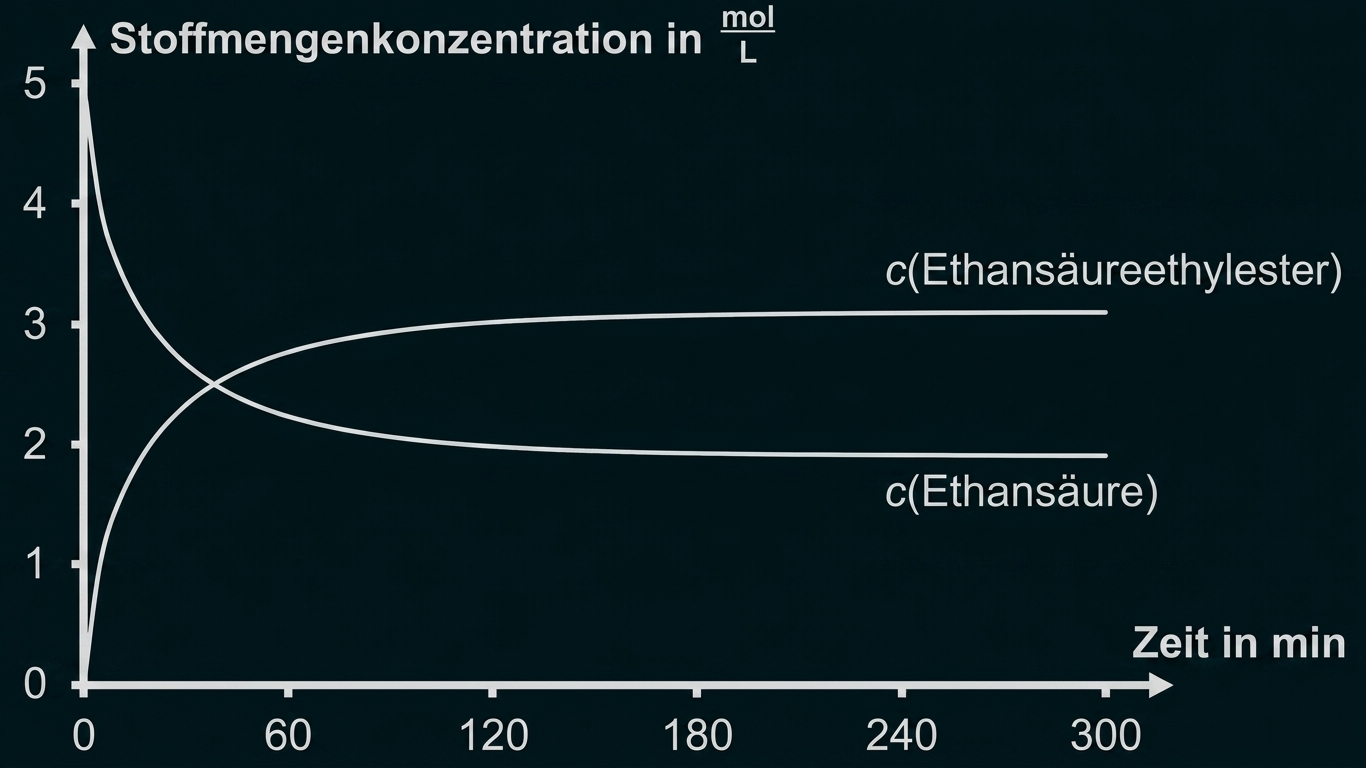 Liniendiagramm: Konzentrationen von Ethansäure und Ethansäureethylester über Zeit, gegenläufige Kurven erreichen Gleichgewicht