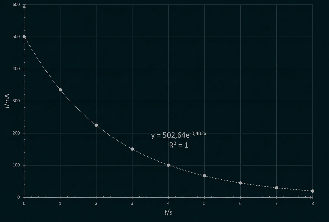Diagramm: Exponentiell fallende Stromstärke (I/mA) über Zeit (t/s) mit Messpunkten und Fit.