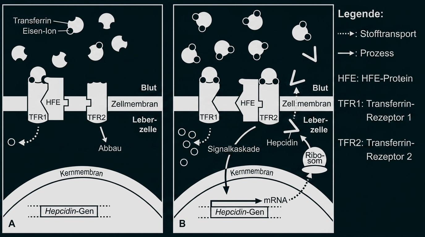 Schematische Darstellung von Leberzellen mit Transferrin‑Rezeptoren, HFE‑Protein und Hepcidin‑Regulation des Eisenstoffwechsels.