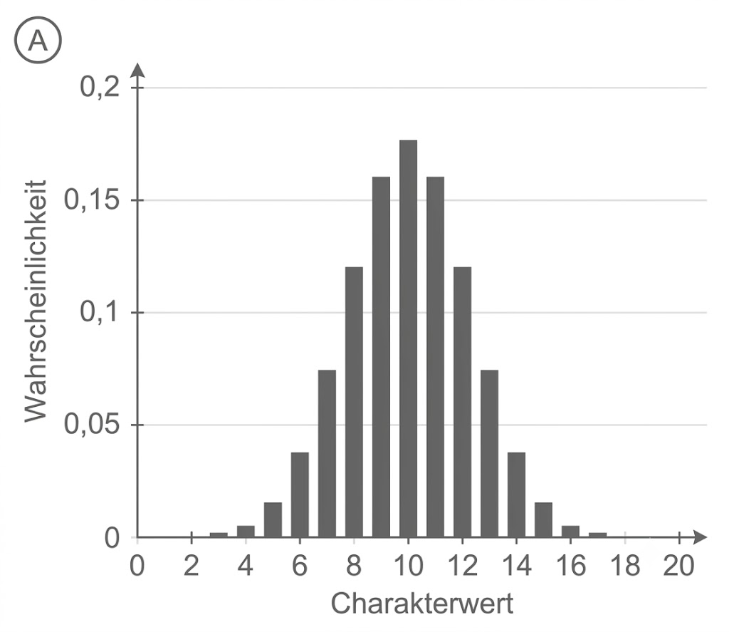 Balkendiagramm (Histogramm) der Wahrscheinlichkeiten für Charakterwerte, Spitze bei etwa 10