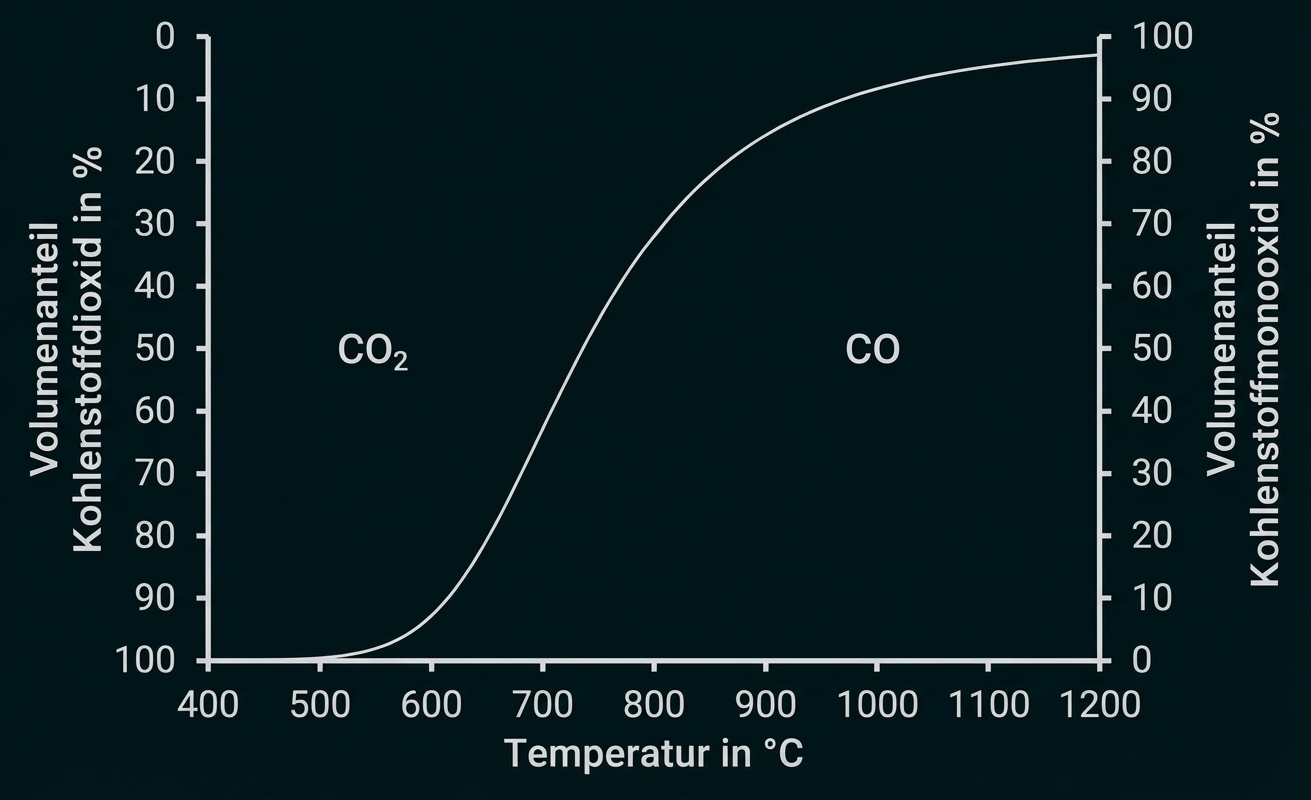 Diagramm: Volumenanteile von CO2 und CO in Abhängigkeit von Temperatur; CO-Anteil steigt mit zunehmender Temperatur