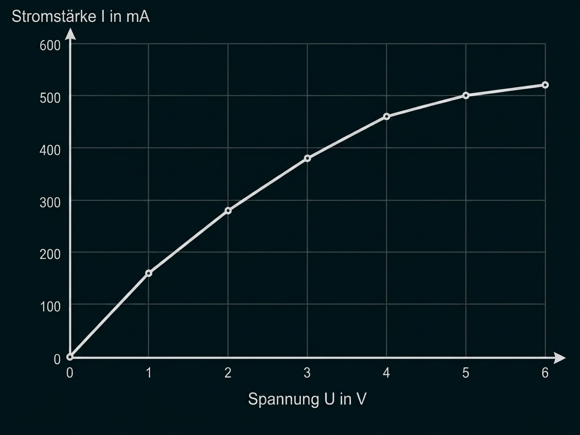 Liniendiagramm: Stromstärke in mA in Abhängigkeit von der Spannung in V.