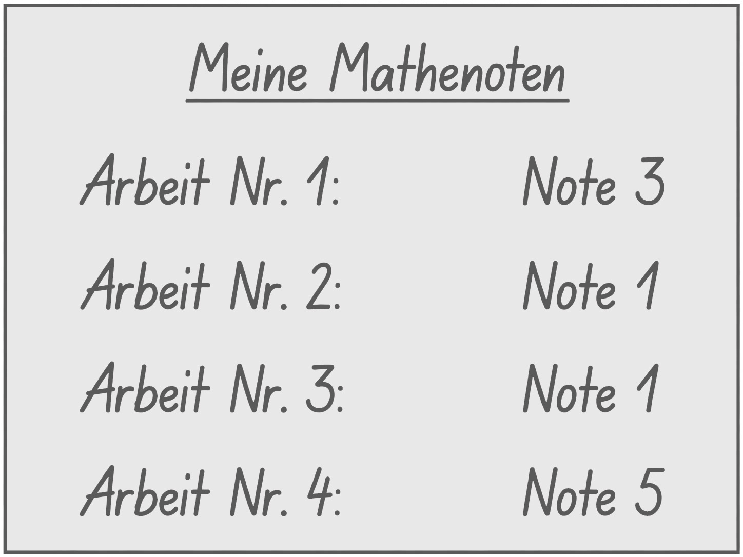 Papier mit Überschrift „Meine Mathenoten“ und vier Einträgen: Arbeit 1–4 mit Noten 3, 1, 1, 5
