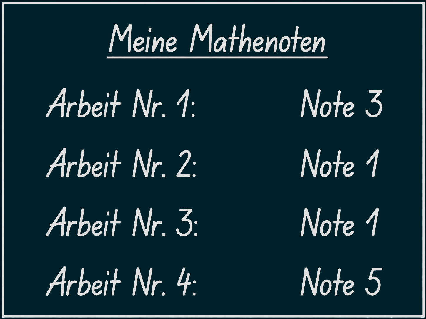 Papier mit Überschrift „Meine Mathenoten“ und vier Einträgen: Arbeit 1–4 mit Noten 3, 1, 1, 5