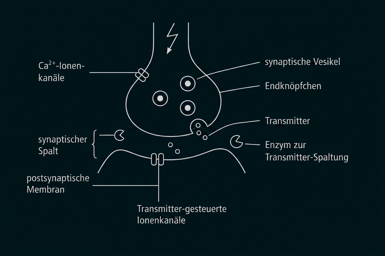 Schematische Darstellung einer chemischen Synapse mit Vesikeln, Transmittern, Ionenkanälen und postsynaptischer Membran.