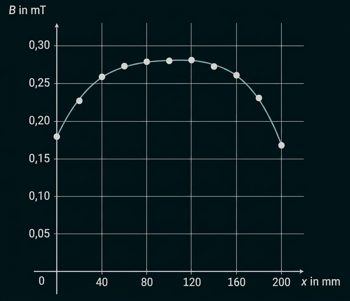 Diagramm: B in mT gegen x in mm, gebogene Kurve mit Messpunkten, Maximum um 120 mm