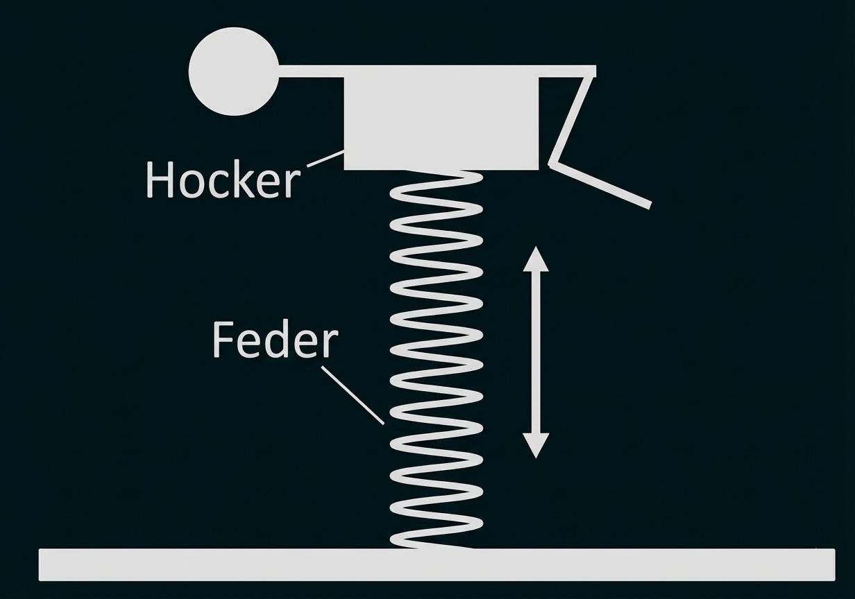 Hocker auf Feder über Boden, Pfeil zeigt Auf- und Abbewegung