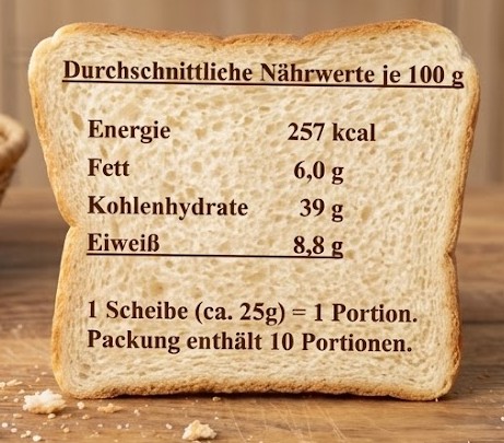 Toastbrot mit Nährwertangaben auf der Verpackung.