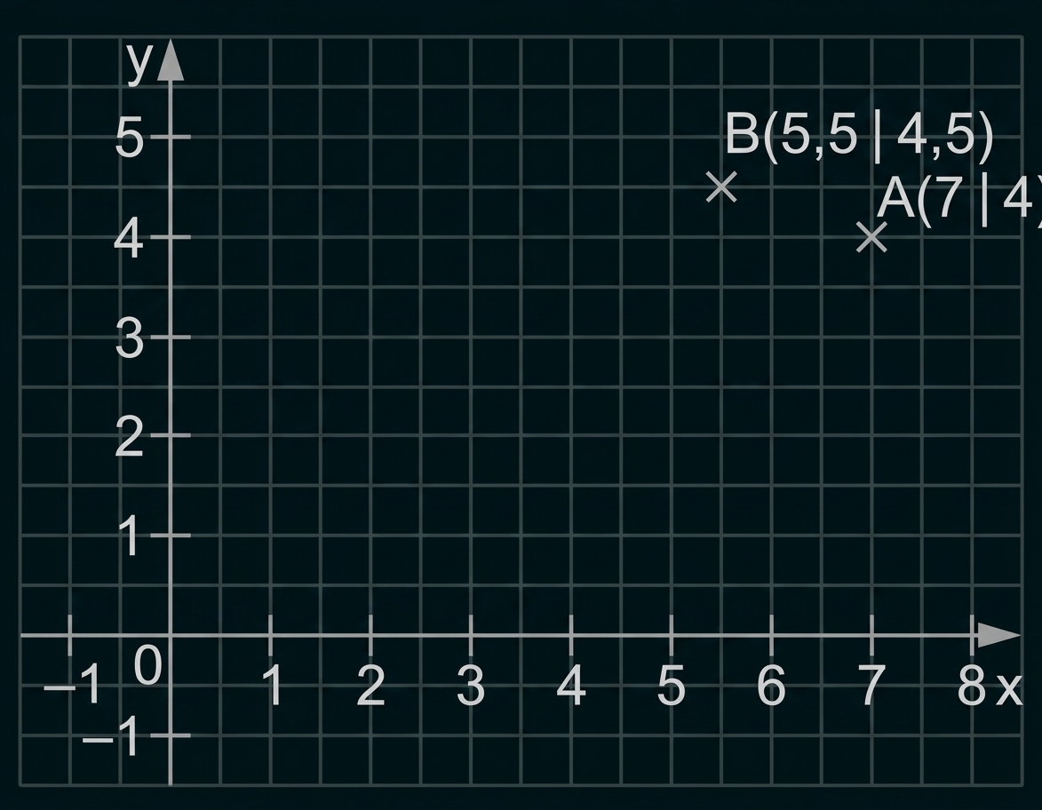 Koordinatensystem mit den Punkten A(7|4) und B(5,5|4,5)