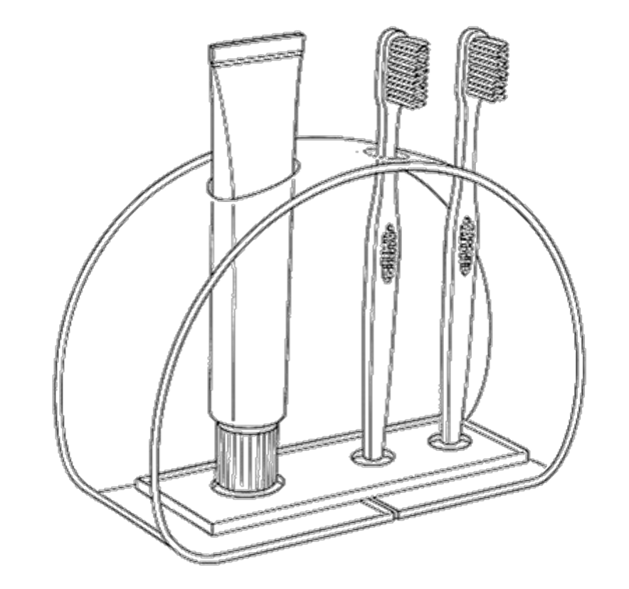 Schematische Zeichnung von Zahnputzmodell mit Zahnbürsten und Zahnpastatube.