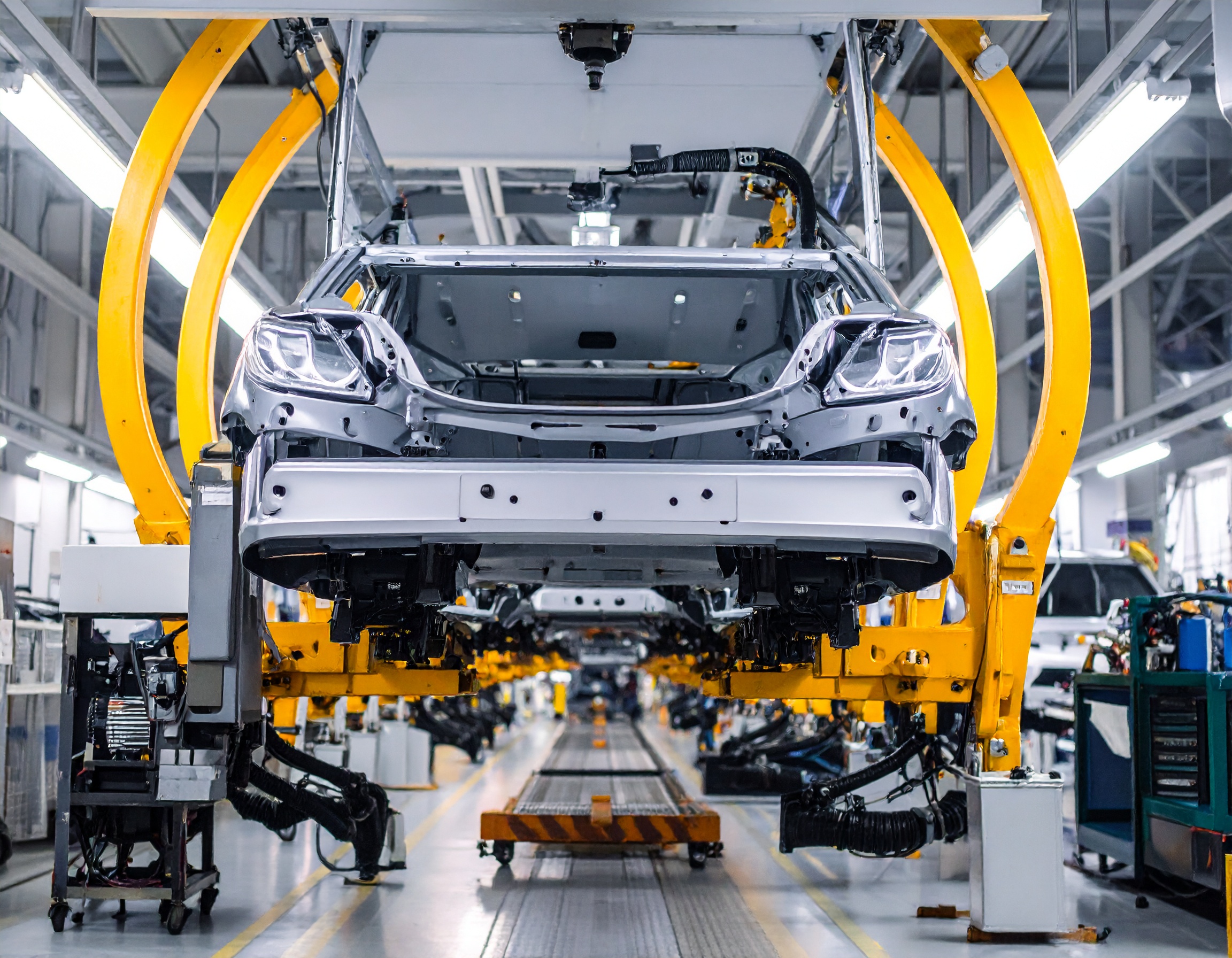 Automobilmontage in einer Fabrik mit automatisierten Maschinen und einem unvollständigen Fahrzeugrahmen.