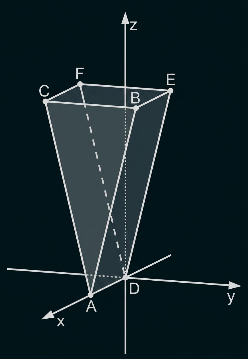 3D-Darstellung: schiefe Pyramide/Trapez mit Punkten A–F über den Koordinatenachsen x, y, z