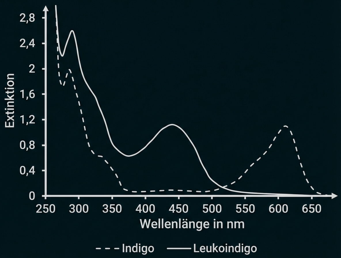 Extinktionsdiagramm 250–650 nm: gestrichelte Kurve Indigo, durchgezogene Kurve Leukoindigo.