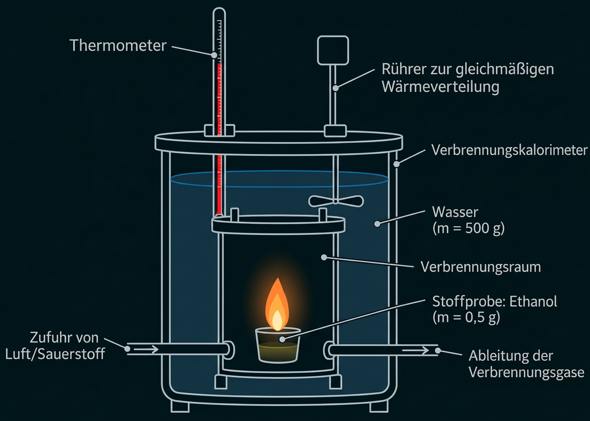 Schematische Darstellung eines Verbrennungskalorimeters mit Thermometer, Wasserbad, Rührer und Ethanolprobe.