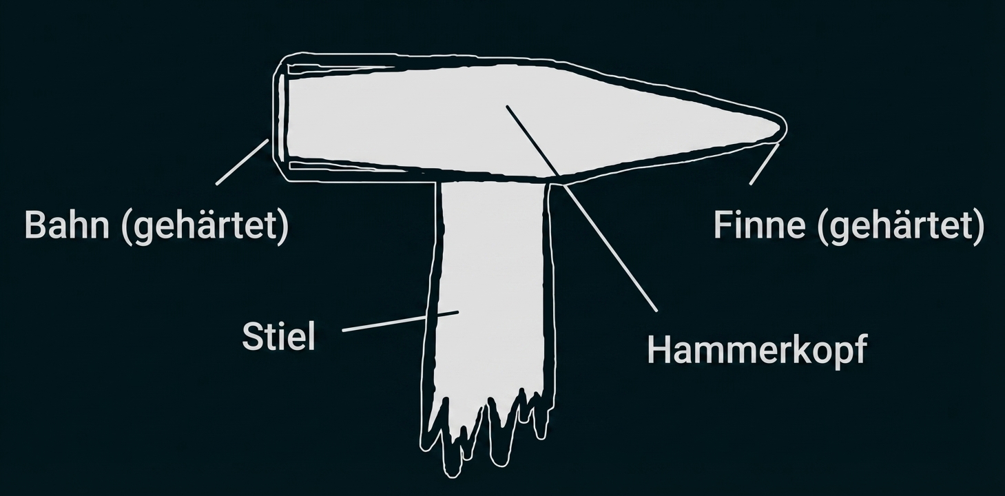 Skizze eines Hammers, beschriftet: Bahn (gehärtet), Finne (gehärtet), Hammerkopf und Stiel.