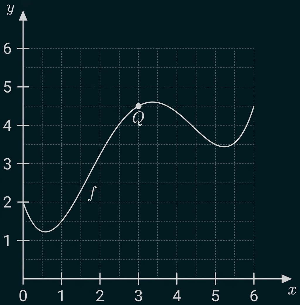 Koordinatensystem mit dem Graphen der Funktion f und dem markierten Punkt Q bei (3; 4,5).