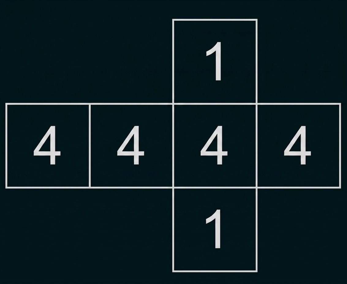 Würfelnetz aus sechs Quadraten, vier mit Zahl 4, zwei mit Zahl 1.
