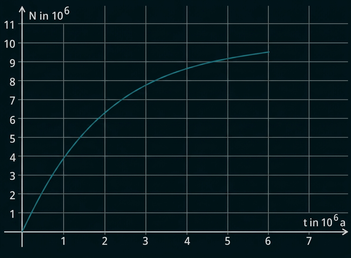 Liniendiagramm: N (in 10^6) gegen t (in 10^6 a), Kurve steigt schnell und flacht nach oben hin ab.