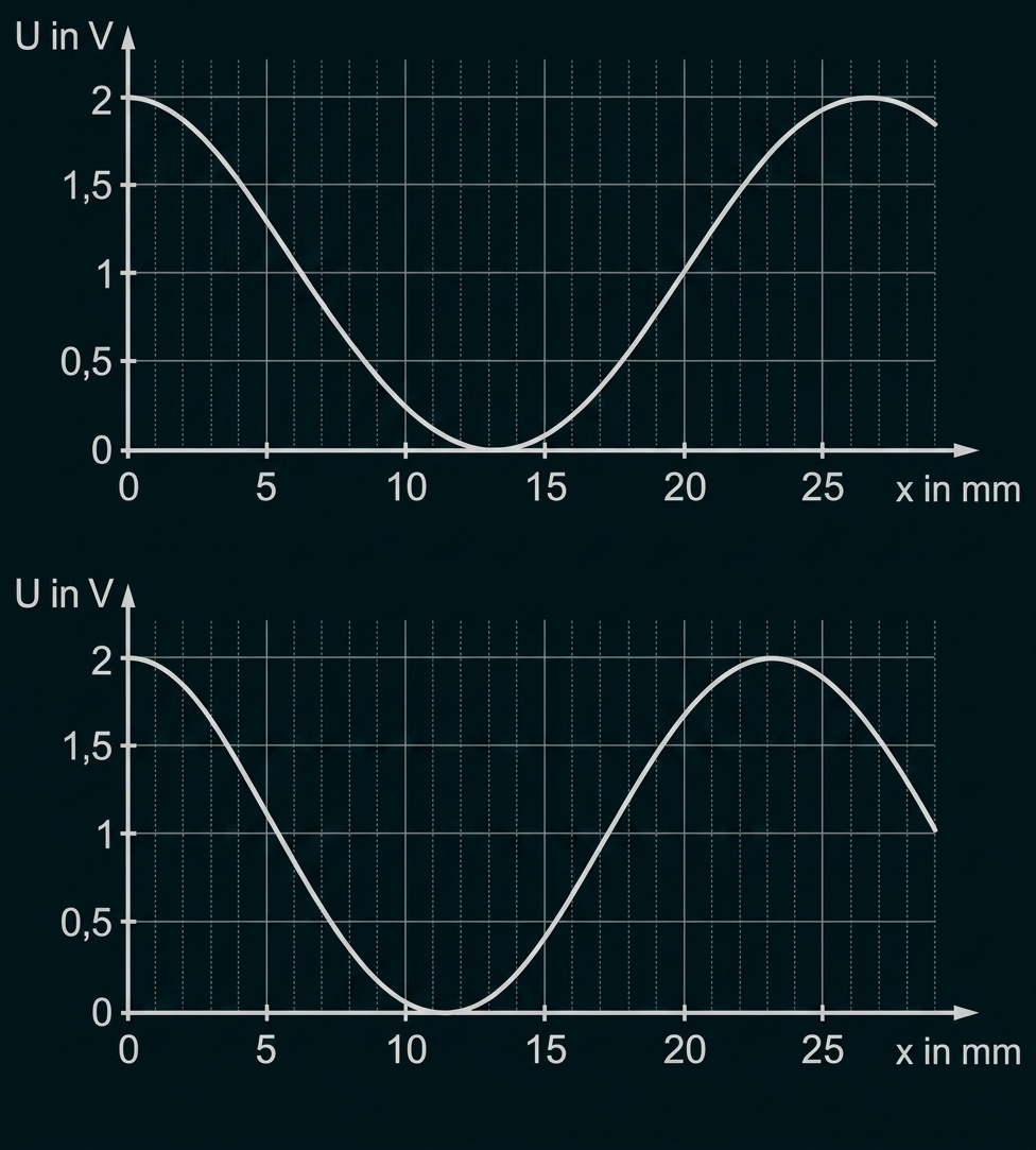 Zwei Liniendiagramme mit sinusförmigen Kurven zu U in V über x in mm.