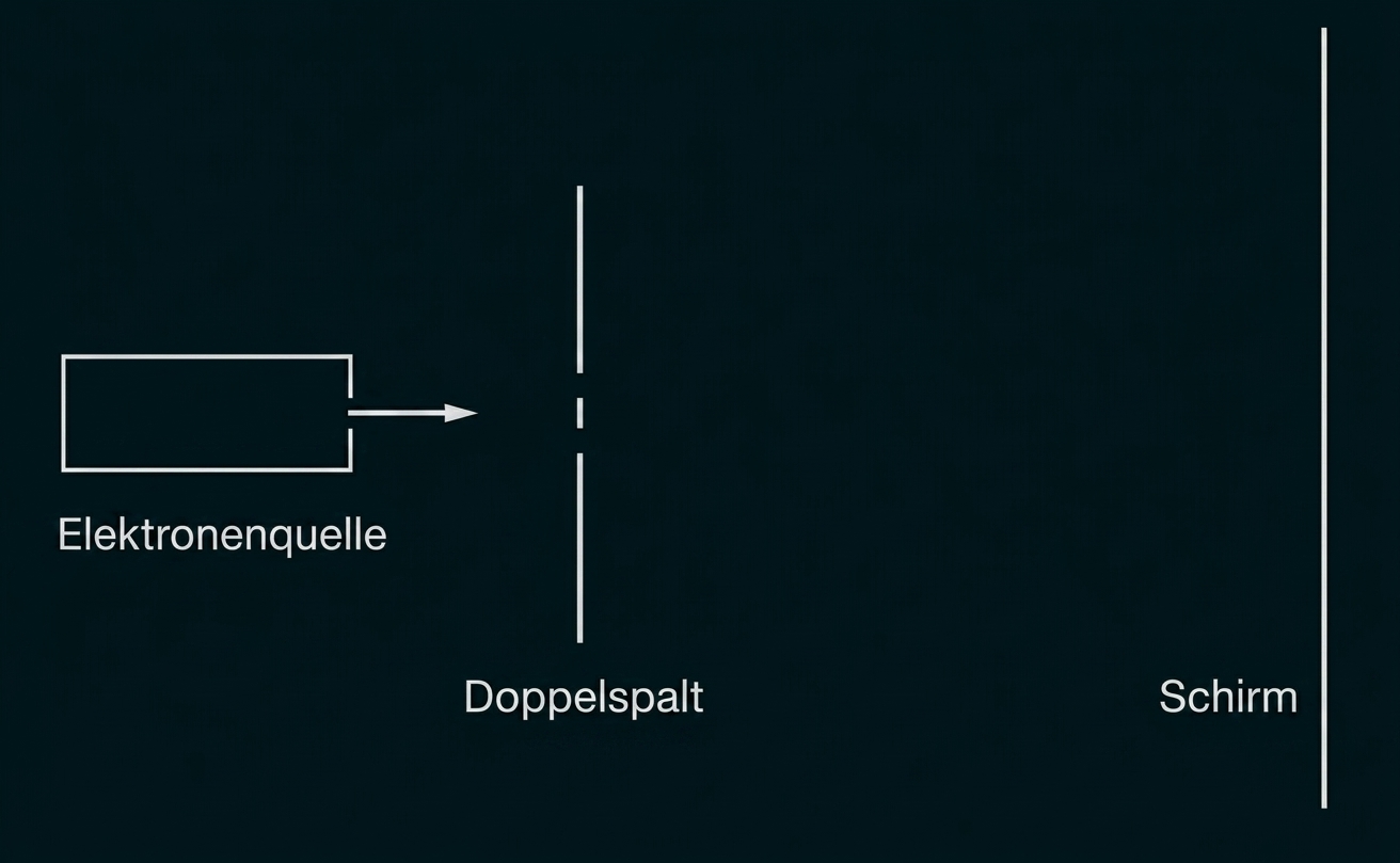 Schematische Darstellung: Elektronenquelle links, Doppelspalt in der Mitte, Schirm rechts.
