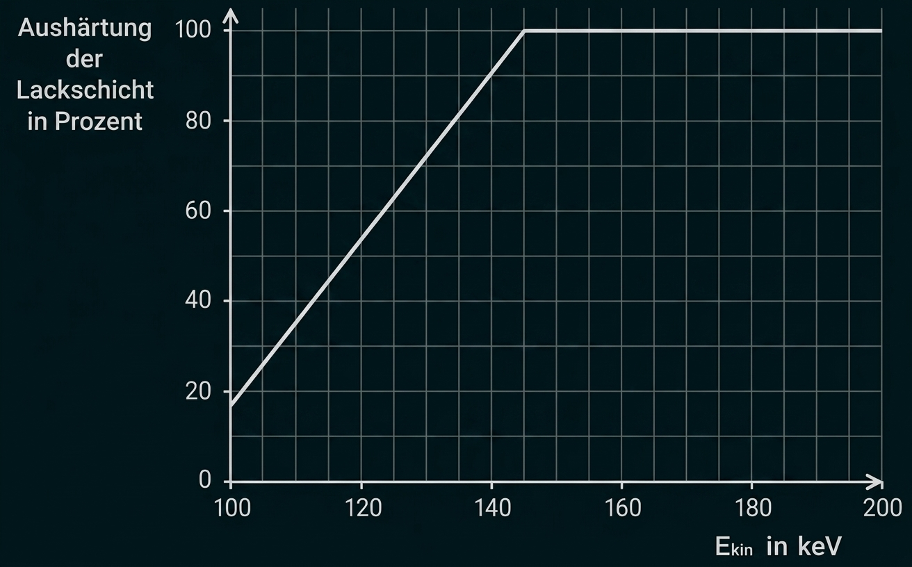 Diagramm: Aushärtung der Lackschicht vs. Ekin in keV, steigt linear von 20% bei 100 keV auf 100% bei 150 keV, dann flach.