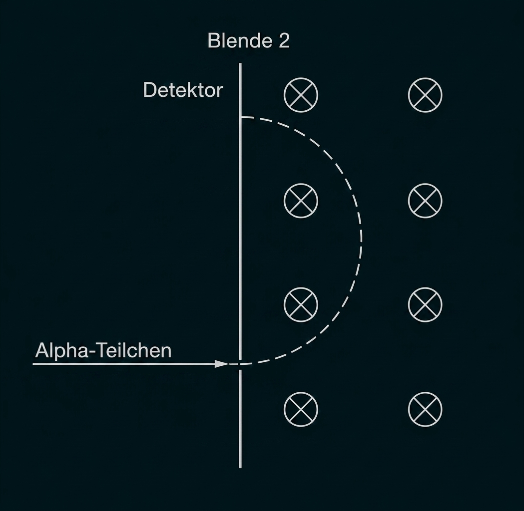 Schematische Darstellung: Alpha-Teilchen treffen Blende/Detektor, rechts markierte Kreise, gestrichelte Kurve.