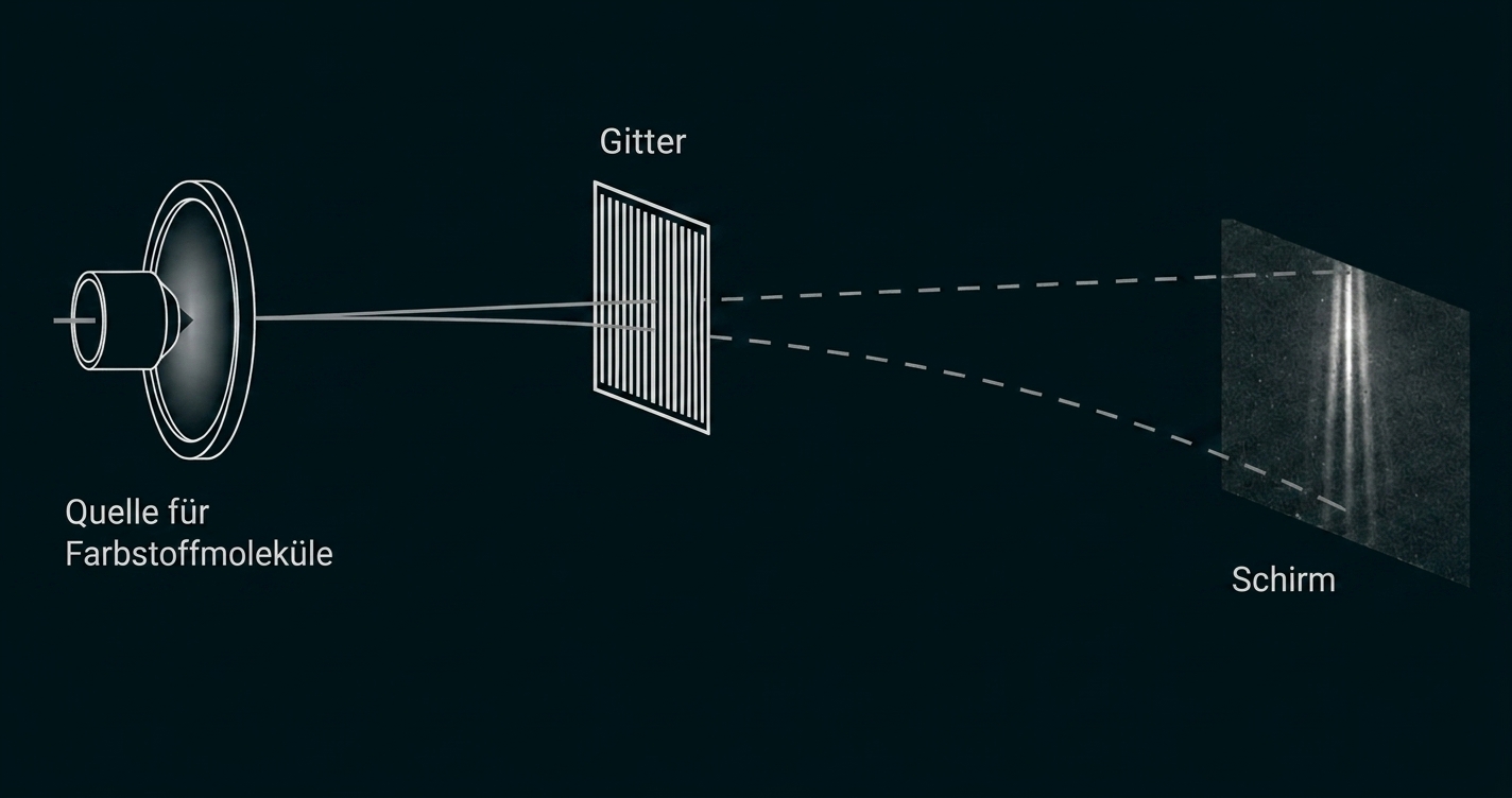 Schematische Darstellung: Lichtquelle strahlt durch Gitter, auf Schirm erscheinen mehrere Beugungsstreifen.