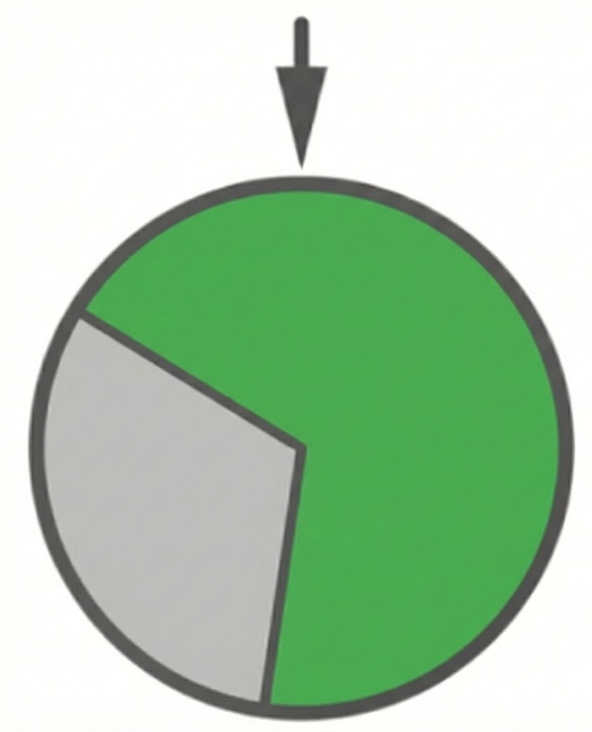 Kreisdiagramm mit grünem und grauem Anteil, Pfeil zeigt auf grünen Abschnitt.