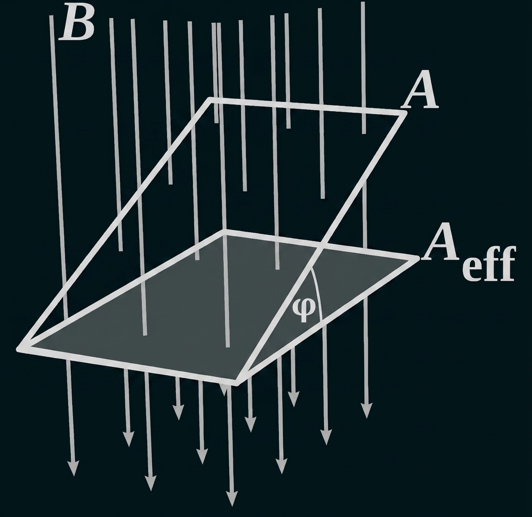 Skizze einer Fläche im Magnetfeld mit Winkel φ und Beschriftungen A, B und Aeff.