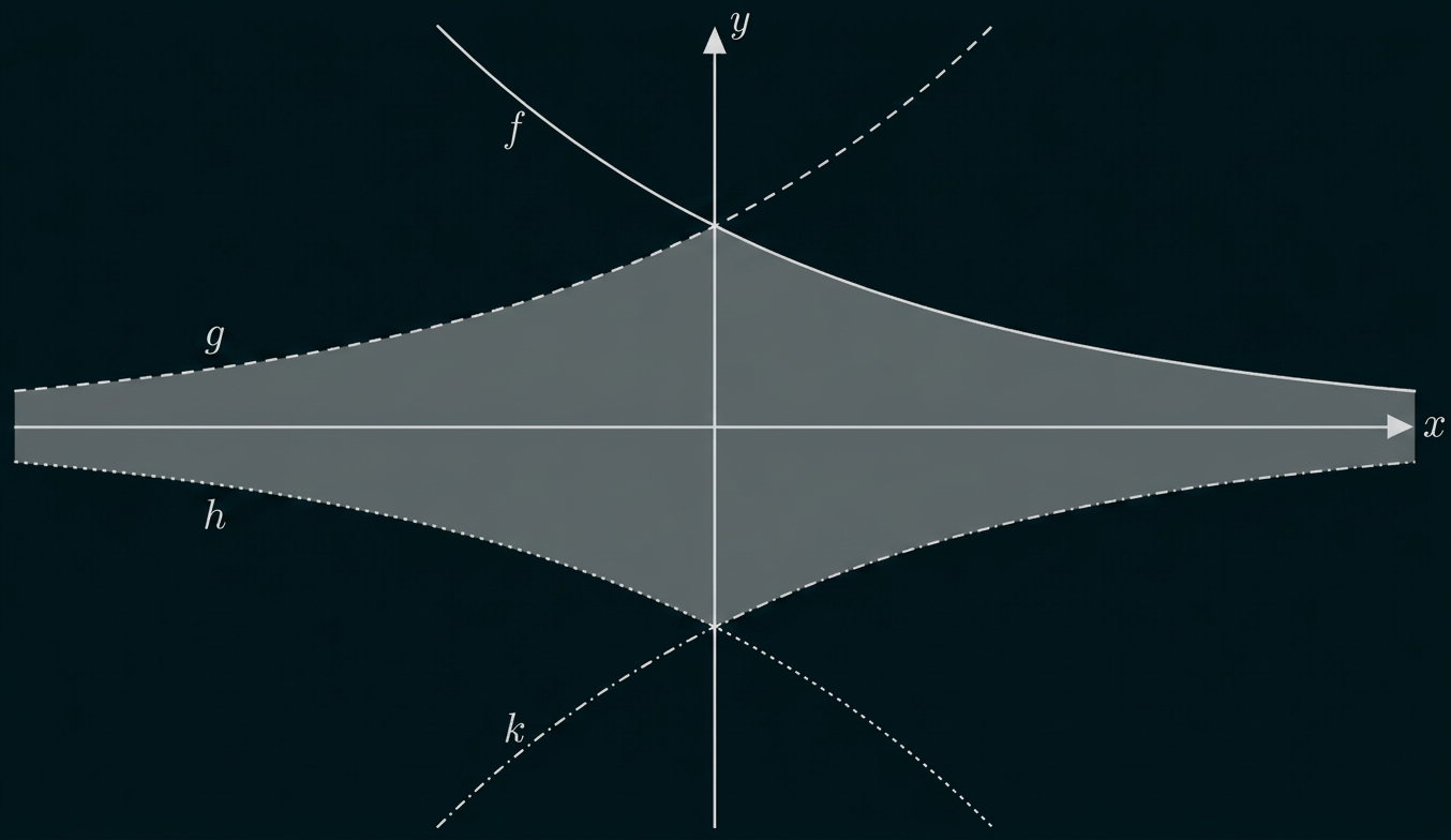 Schattierte Fläche zwischen den Graphen f, g, h und k im Koordinatensystem.