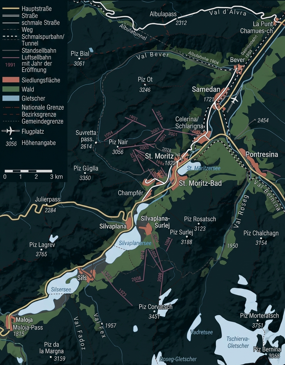 Topographische Karte der Region St. Moritz mit Seen, Bergen, Straßen und Wanderwegen.