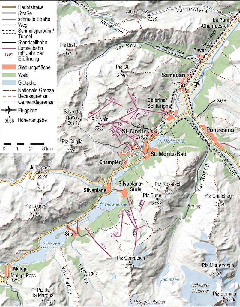 Topographische Karte der Region St. Moritz mit Seen, Bergen, Straßen und Wanderwegen.