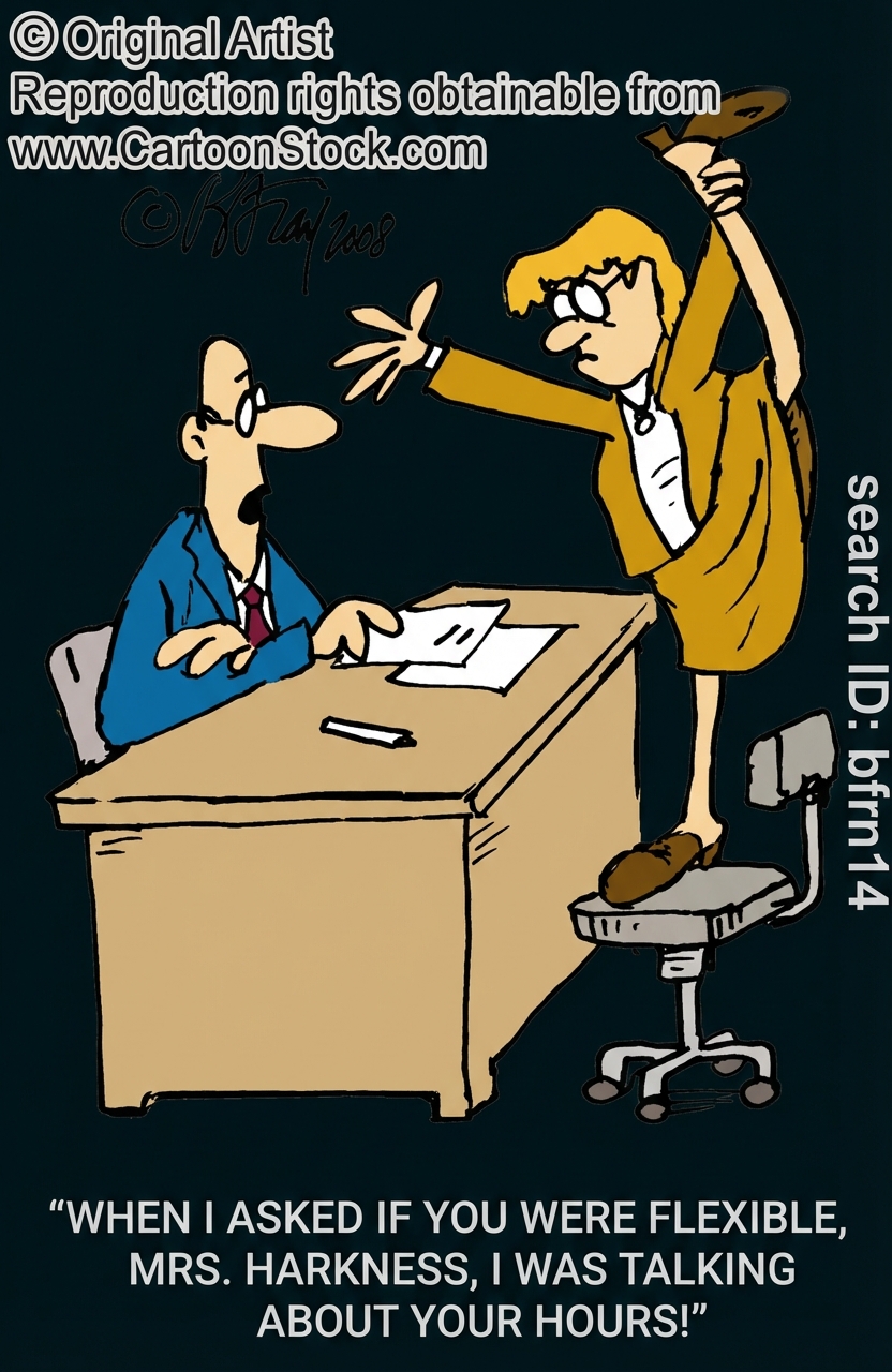 Cartoon: Frau steht auf einem Bürostuhl, hebt ein Bein und dehnt sich vor einem erstaunten Mann am Schreibtisch.