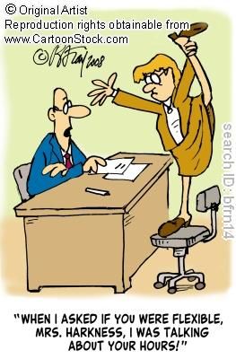 Cartoon: Frau steht auf einem Bürostuhl, hebt ein Bein und dehnt sich vor einem erstaunten Mann am Schreibtisch.