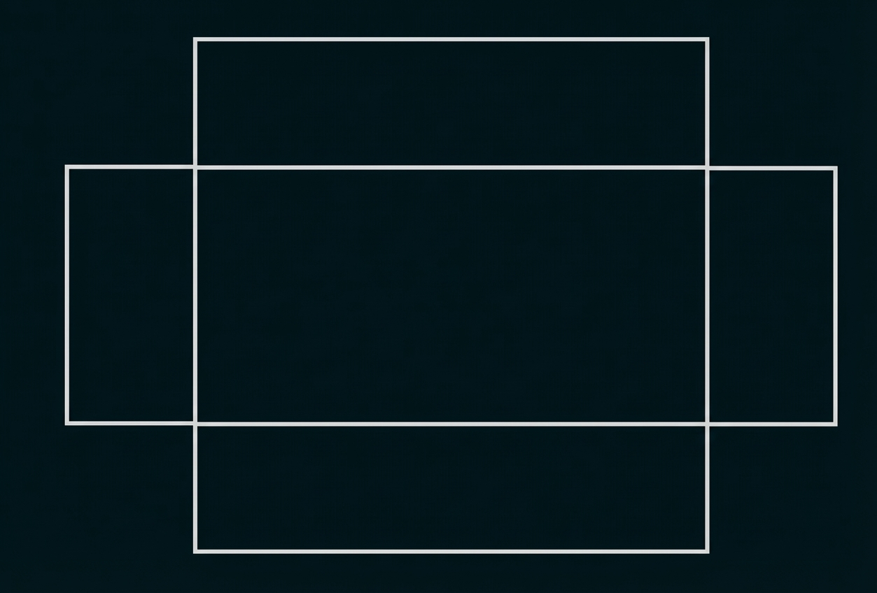 Netz einer Schachtel aus schwarzen Linien, sechs verbundene Rechtecke