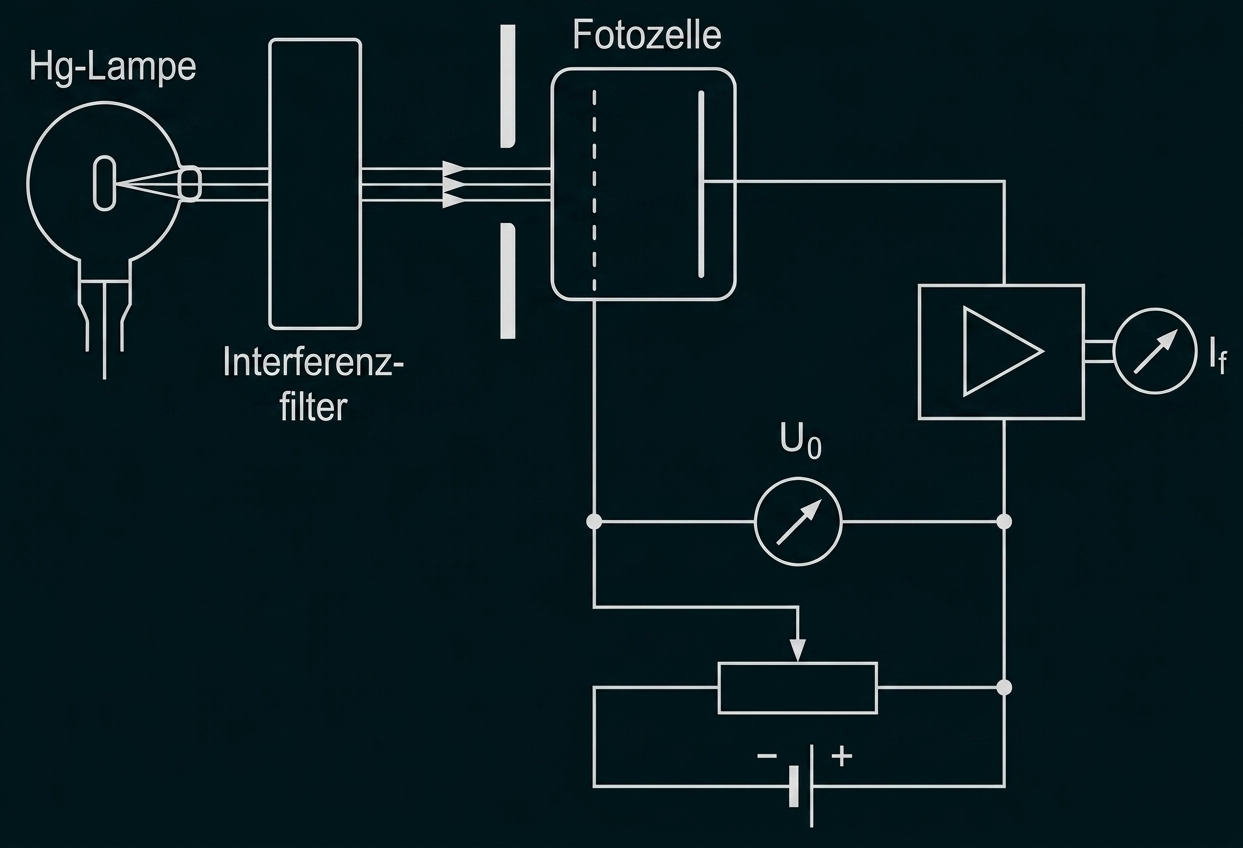 Schematisches Diagramm einer Messschaltung mit Hg-Lampe, Interferenzfilter, Fotozelle, Verstärker, Messanzeigen und Batterie.