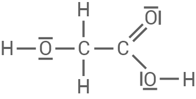 Molekülstruktur mit Kohlenstoff, Wasserstoff und Sauerstoff. Chemische Bindungen dargestellt.