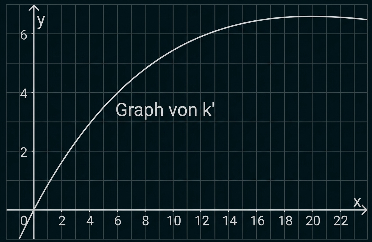 Koordinatensystem mit Gitternetz und aufsteigender, abflachender Kurve beschriftet "Graph von k'".