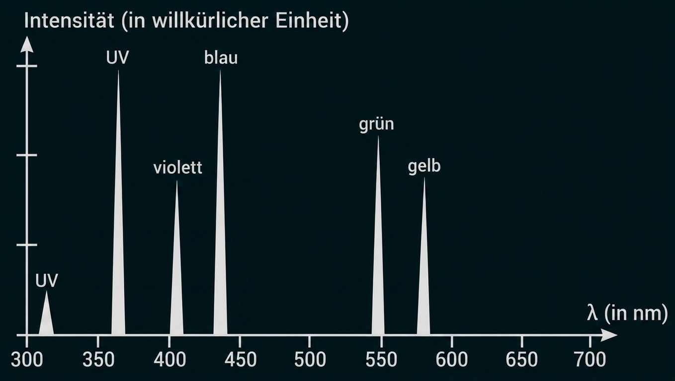 Graph mit Intensitätspeaks bei UV, violett, blau, grün und gelb über der Wellenlängenachse (nm)