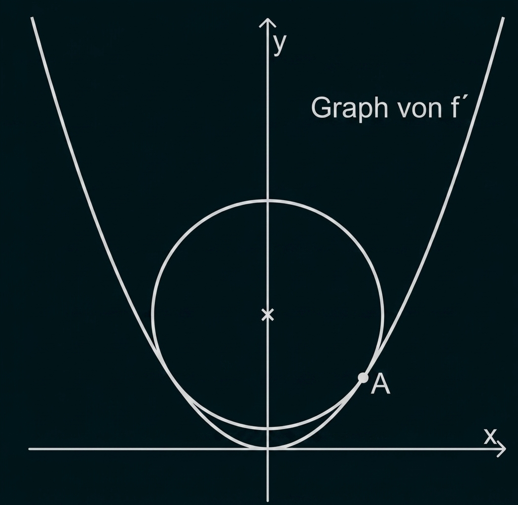 Koordinatensystem mit Kreis und Parabel, Tangentenpunkt A rechts, y-Achse in der Mitte, Schriftzug "Graph von f"