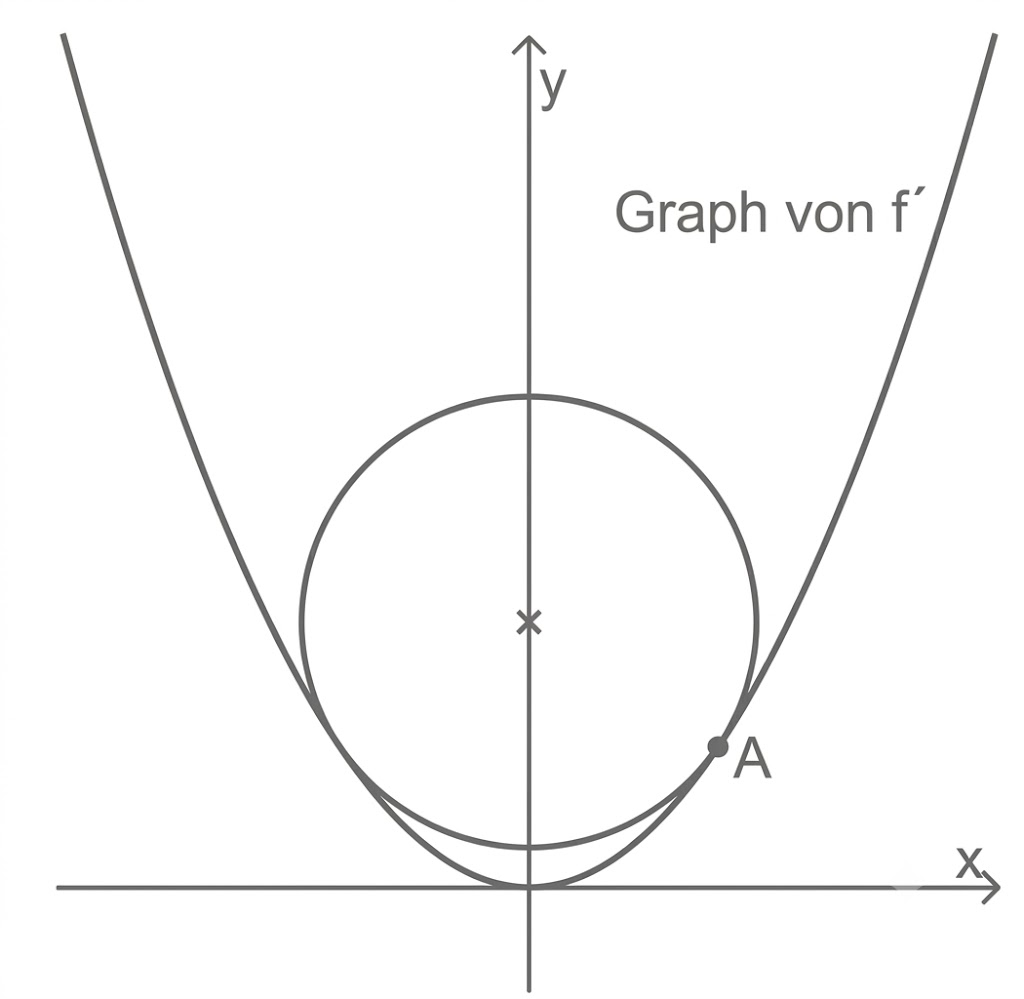 Koordinatensystem mit Kreis und Parabel, Tangentenpunkt A rechts, y-Achse in der Mitte, Schriftzug "Graph von f"