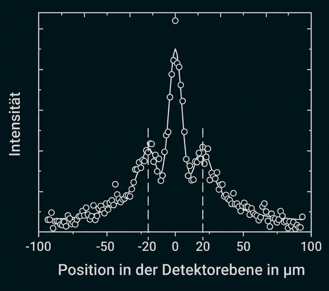 Diagramm: Intensität vs. Position in der Detektorebene (µm), zentraler Peak, Punktdaten und gestrichelte Linien bei etwa −20 µm und 20 µm.