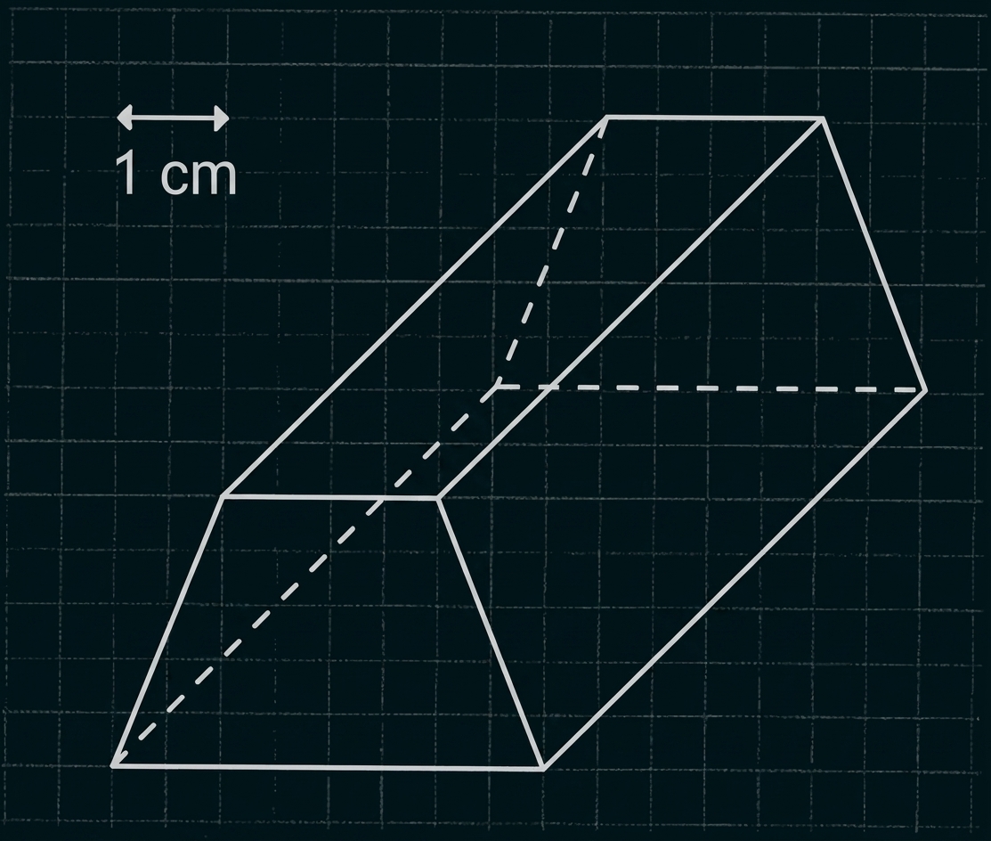 Skizze eines geometrischen Körpers auf kariertem Papier mit 1-cm-Maßstab.